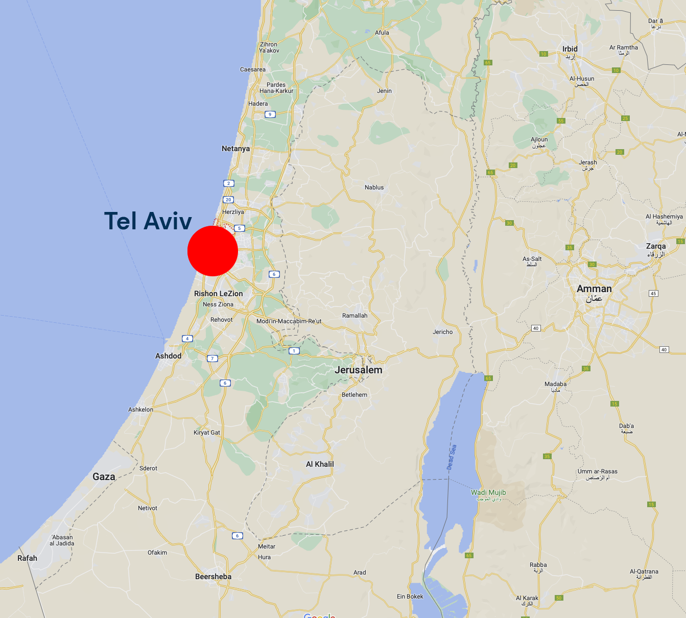 Sjømannsprest Leif Magne Helgesen befinner seg i Tel Aviv fra onsdag for å møte nordmenn. (Skjermdump Google maps)