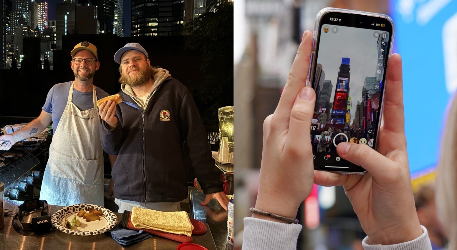 Jon Ringsby og Petter Piita Isaksen serverer grillmat til ungdommene på takterrassen til Sjømannskirken. Man blir sulten når opplevelsene står i kø. 35 norske konfirmanter og ungdomsledere fra Florida, Houston, San Francisco, Los Angeles, New York og Brasil er samlet i Sjømannskirken i New York til en helg på leir.