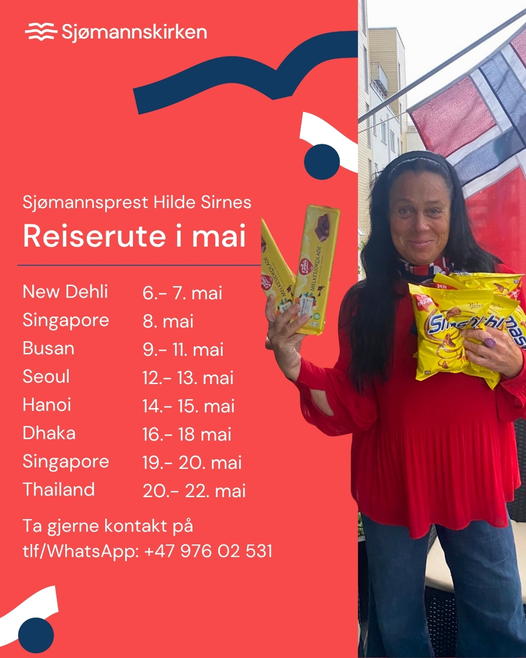 New Dehli 6.-7. mai, Singapore 8. mai, Busan 9.-11. mai, Seoul 12.-13. mai, Hanoi 25.-15. mai, Dhaka 16.-18. mai, Singapore 19.-20. mai, Thailand 20.-22. mai.